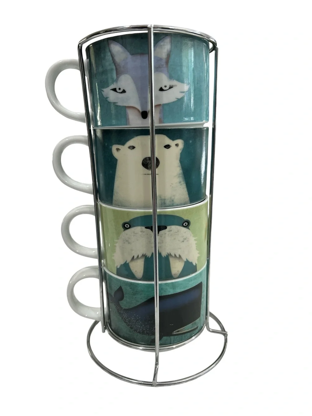 Pier 1 Set of Four Stacking Mugs and Rack - Whale Walrus Polar Bear and Fox